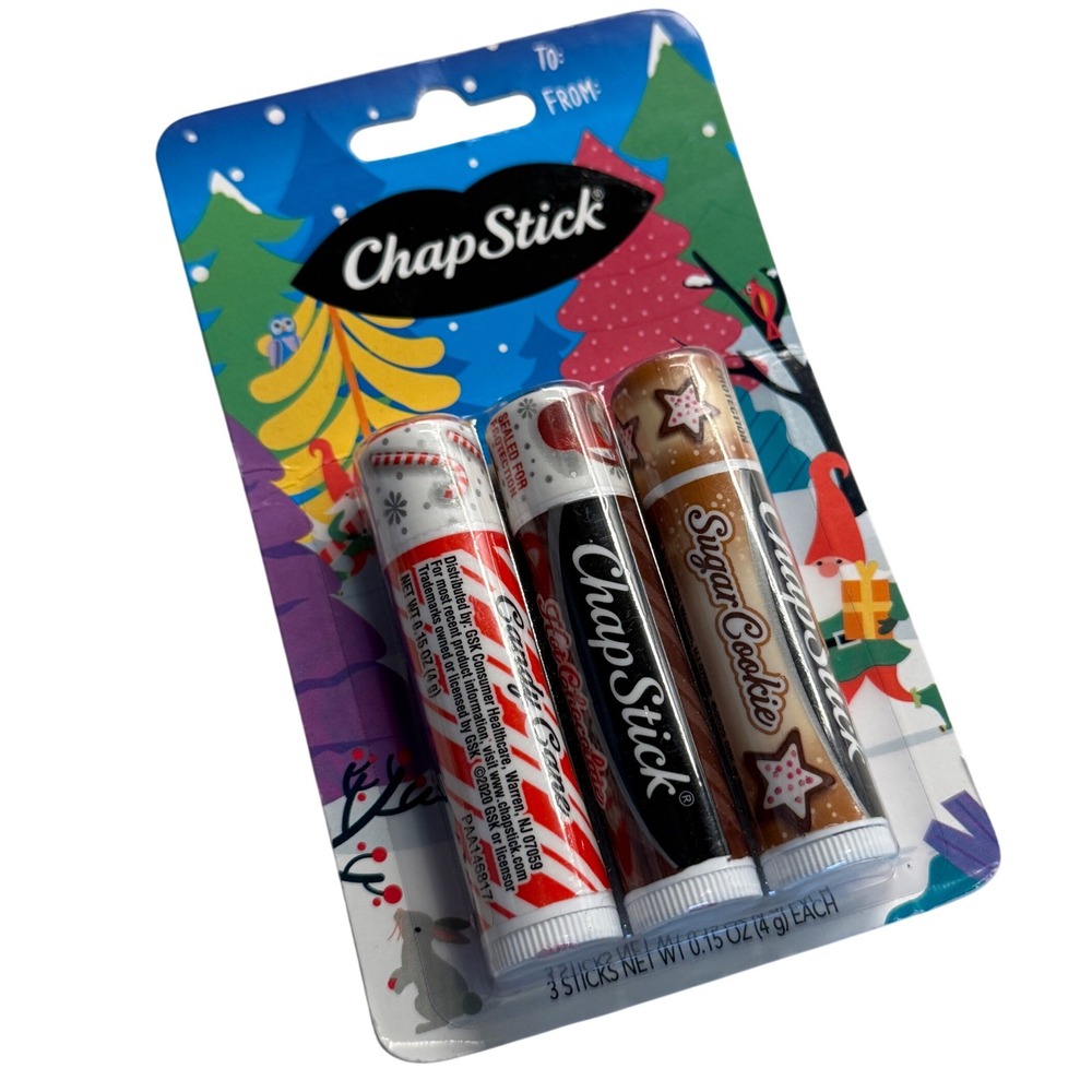 ChapStick Holiday Collection 3‎ Pack Candy Cane Hot Chocolate Sugar Cookie NEW